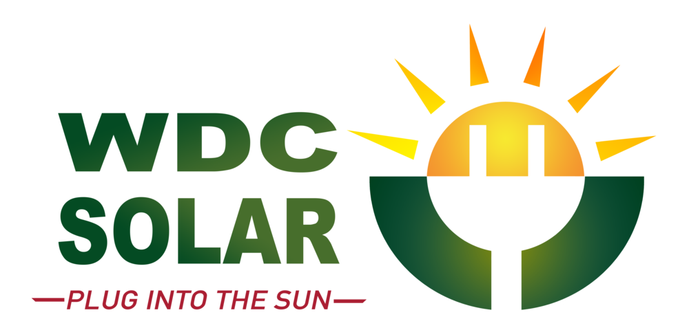 On-image text: WDC Solar Plug Into the Sun Image: A silhouette of a power plug on a circle. The circle is half a sun with triangle rays on top and a solid circle on the bottom half with a gap for the silhouette of the cord.