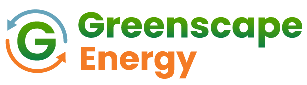 On-image text: Greenscape Energy Image: A capital 'G' is to the left with two arrows in different colors encircling it in alternating directions. To the right is the logo text.